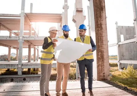 Engineers in hard hats reviewing drawings on site