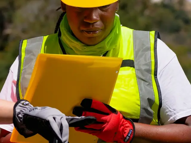 Engineer in PPE checking a layout plan on site
