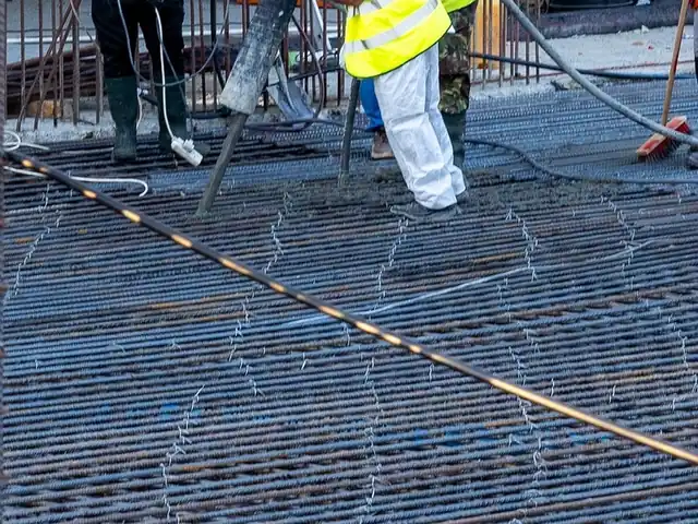 Rebar mesh on a deck during a concrete pour